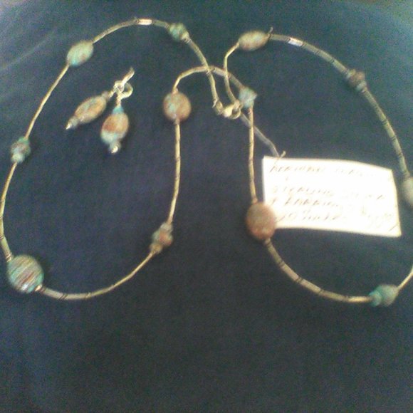 African Turquoise / Sterling Silver 20" Necklace / Earrings - Picture 1 of 7